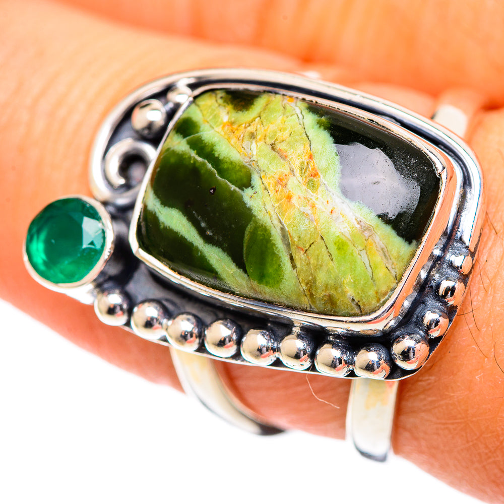 925 silver ring with oval green stone, round green side gem, beaded band
