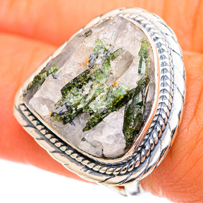 Sterling silver oval quartz ring showing green tourmaline matrix, rope-edged frame