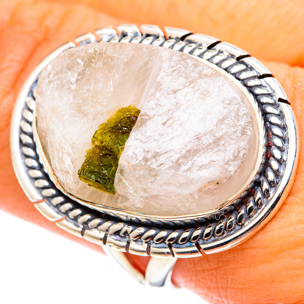 Sterling silver quartz ring with green tourmaline and engraved oval bezel