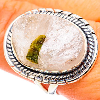 Sterling silver quartz ring with green tourmaline and engraved oval bezel