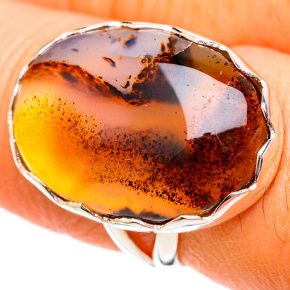 925 sterling silver oval agate ring, yellow amber stone with dark dendrite spots