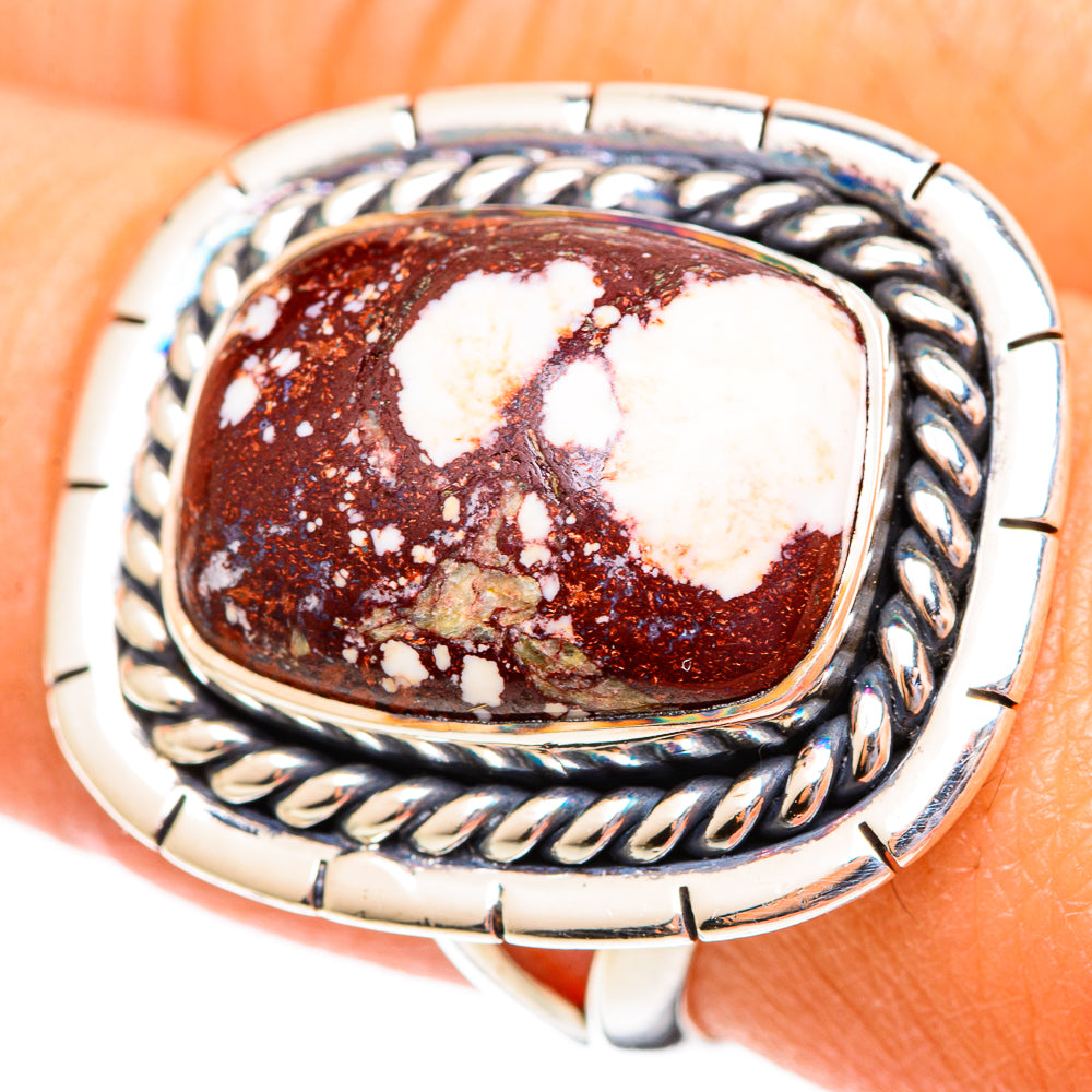 Oval wild horse jasper cabochon ring in silver with twisted rope bezel