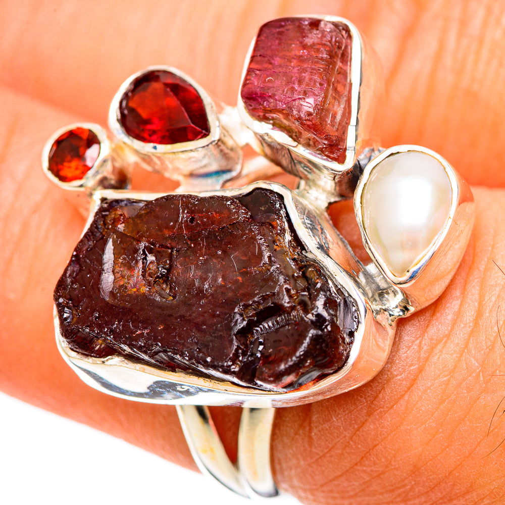 Sterling silver ring with rough garnet stones and a cultured pearl cabochon