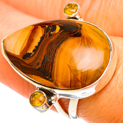 Oval picture jasper cabochon ring with two yellow citrine stones on silver band
