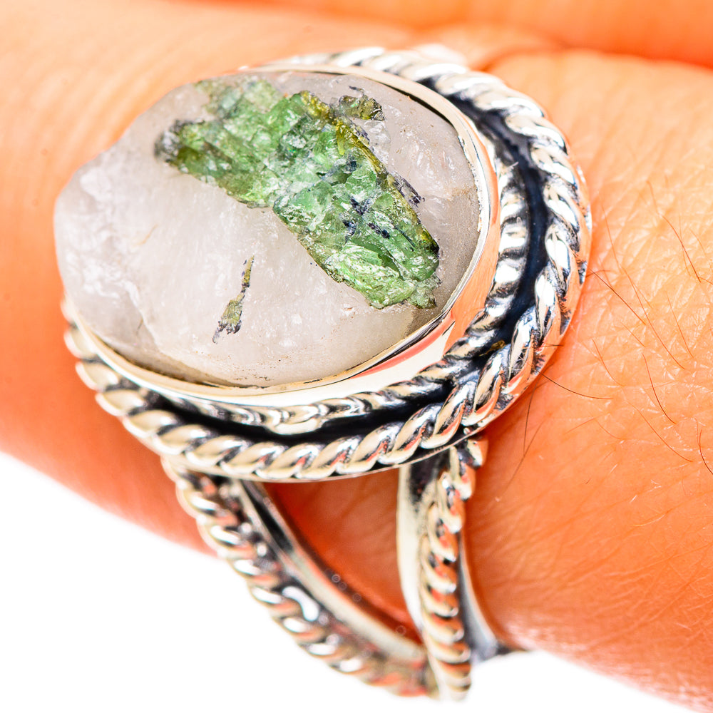 Oval quartz with green tourmaline bezel and twisted sterling silver rope band