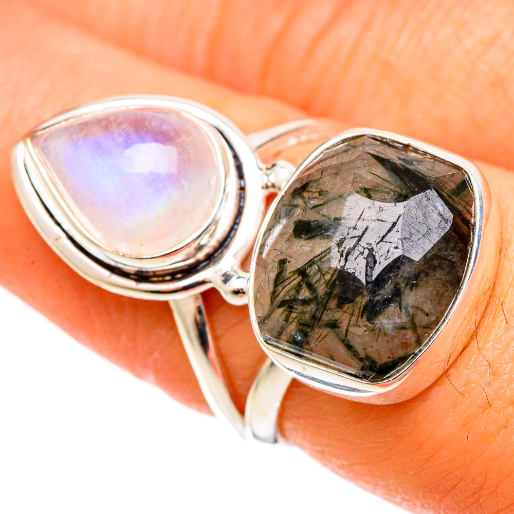 925 sterling silver ring with lilac opalescent teardrop and dark gray-green stone