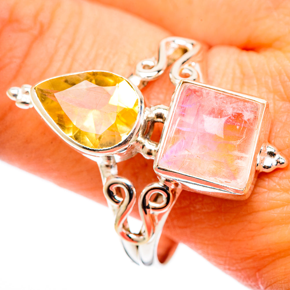 Sterling silver ring with yellow pear citrine and pink rectangular opal-like stone