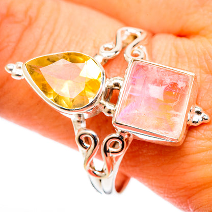 Sterling silver ring with yellow pear citrine and pink rectangular opal-like stone