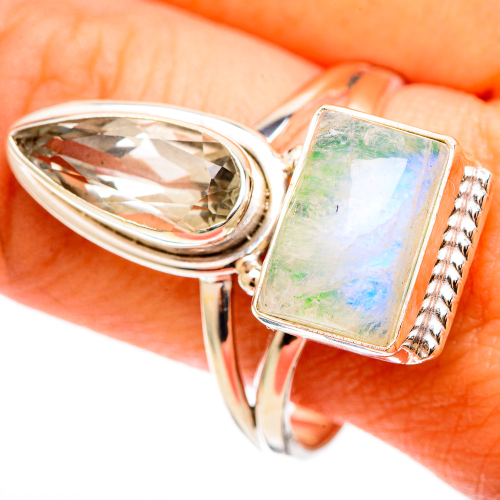925 sterling silver ring with oval facet gemstone and square opal-like moonstone setting
