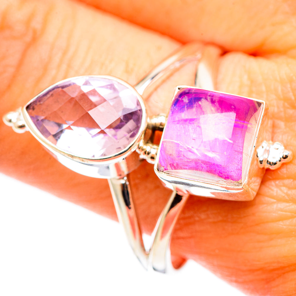 Sterling silver amethyst oval and pink moonstone square-stone ring, close-up