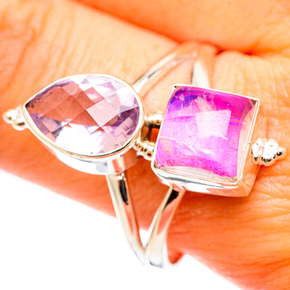 Sterling silver amethyst oval and pink moonstone square-stone ring, close-up