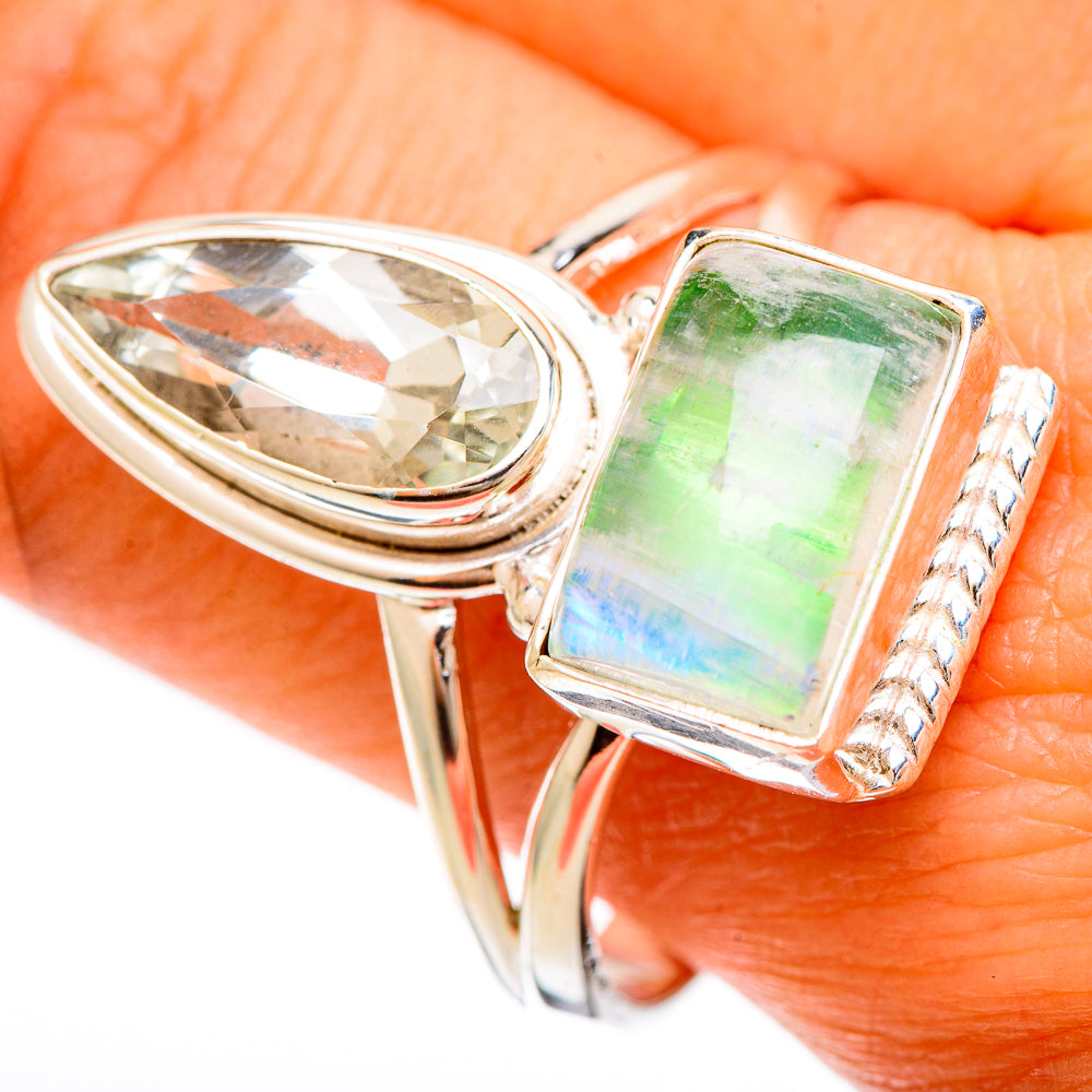 925 sterling silver ring with oval light-green stone and square green-blue gem