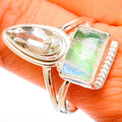 925 sterling silver ring with oval light-green stone and square green-blue gem