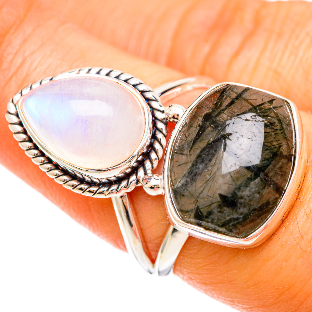 Sterling silver ring with pear-cut opalescent moonstone and dark green tourmalinated quartz