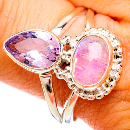 925 sterling silver ring with oval amethyst and pink moonstone, beaded halos