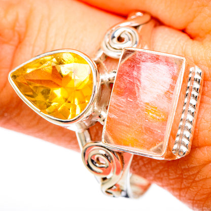 Sterling silver ring with teardrop citrine and orange moonstone square cabochon
