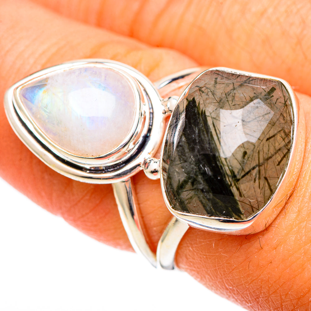 Sterling silver double-stone ring with pear-cut opal moonstone and green tourmalinated quartz