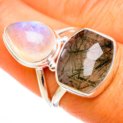 Sterling silver ring with oval pink moonstone and dark green tourmalinated quartz teardrop