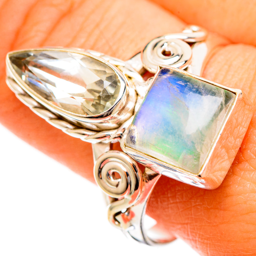 925 sterling silver ring with oval white quartz and square opalescent moonstone