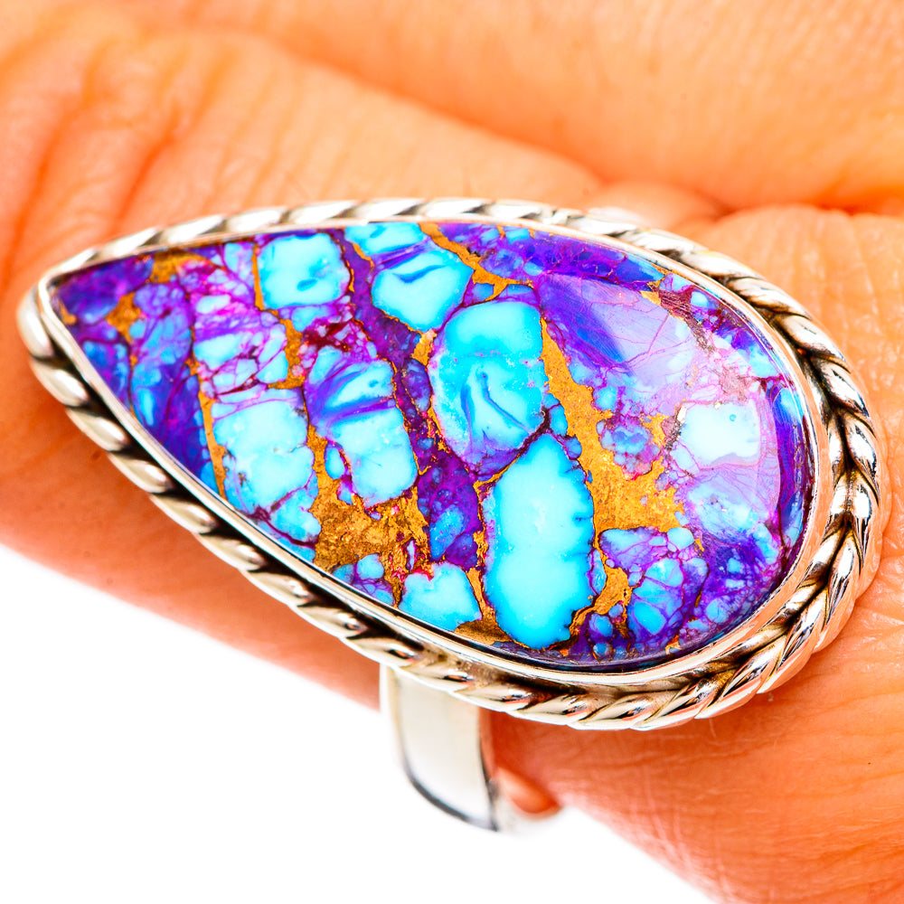 Spiny oyster ring with oval bezel, 925 sterling silver, bright turquoise blue and purple