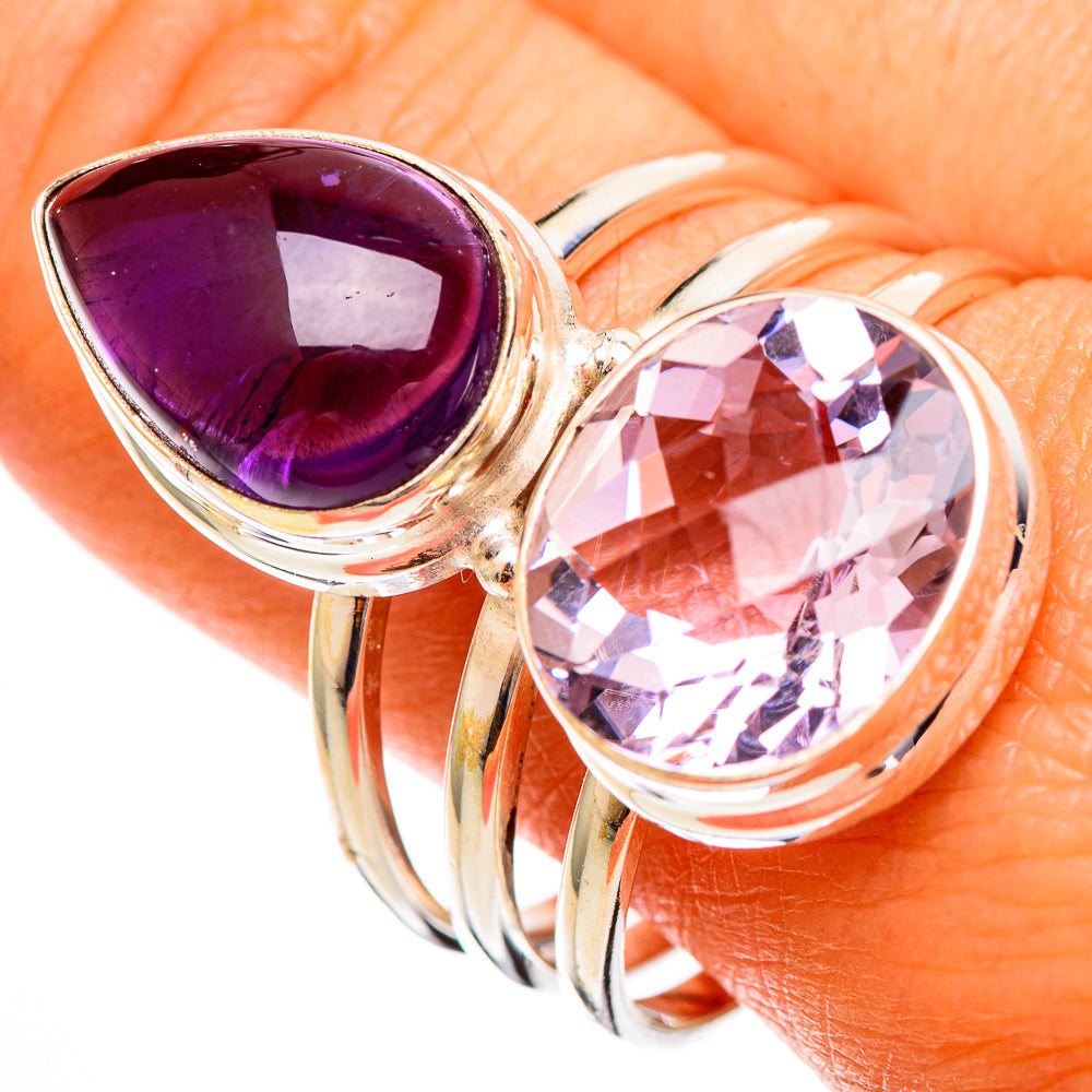Teardrop purple gemstone and oval clear gemstone ring with faceted stones, silver-tone setting