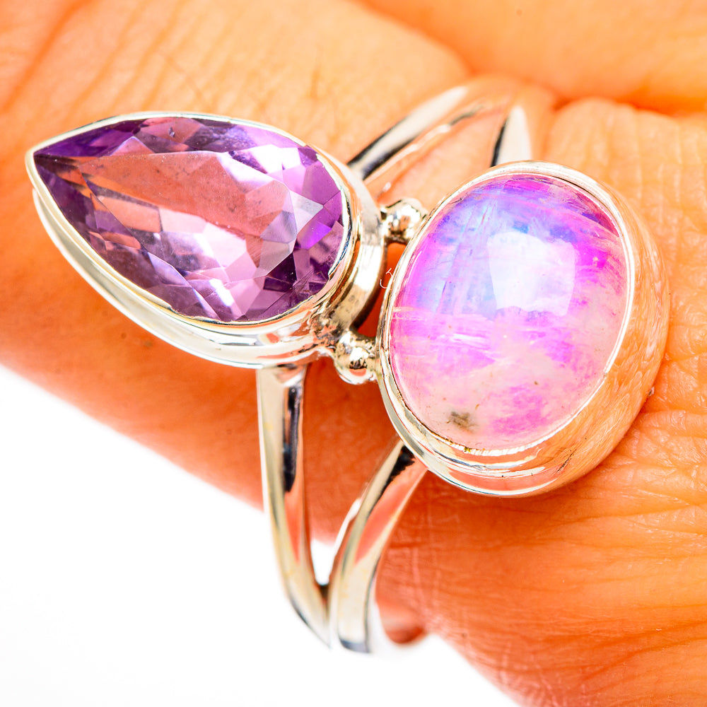 Silver-tone ring with purple pear-cut amethyst and pink oval moonstone cabochon