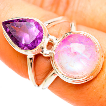 925 sterling silver ring with oval amethyst and pink moonstone double-stone setting