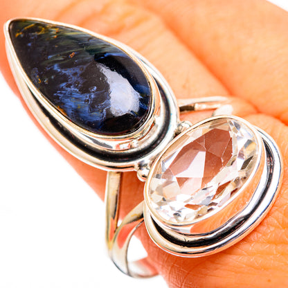 Sterling silver ring with blue pietersite and clear pear-cut quartz stones