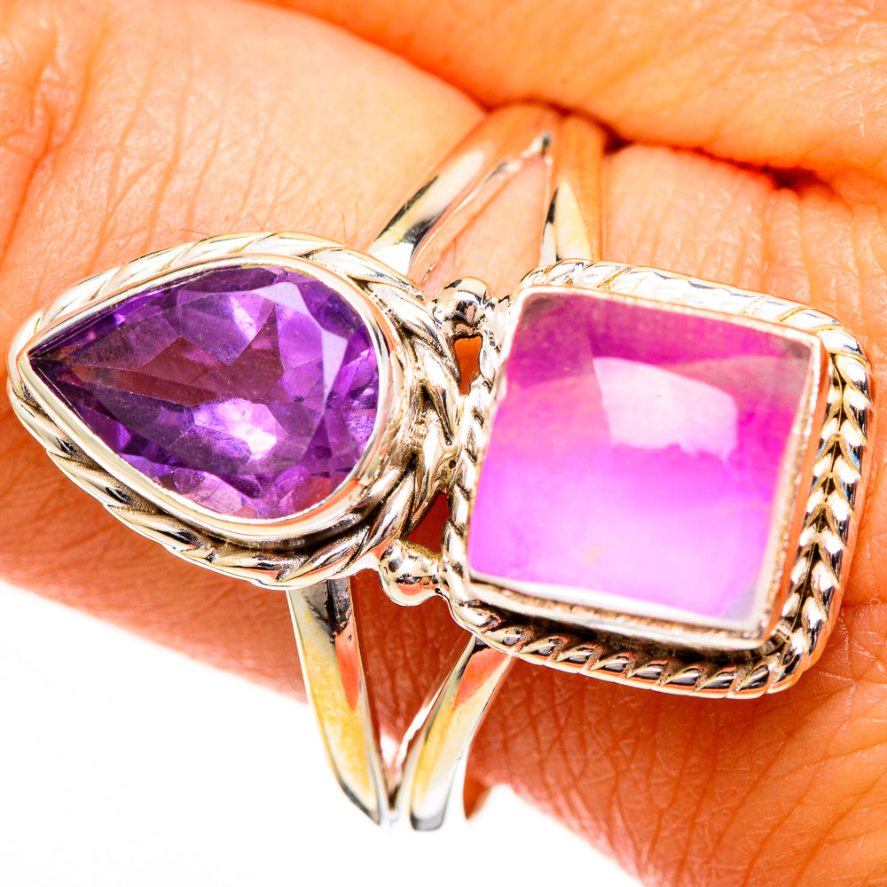 Sterling silver ring with oval purple amethyst and pink square stone, rope-bordered bezels