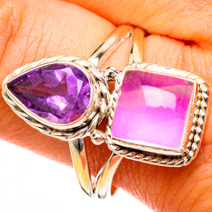 Sterling silver ring with oval purple amethyst and pink square stone, rope-bordered bezels