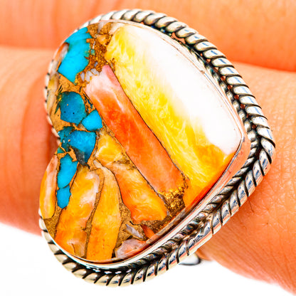 Sterling silver spiny oyster ring with turquoise and orange oval inlay, size 8.25