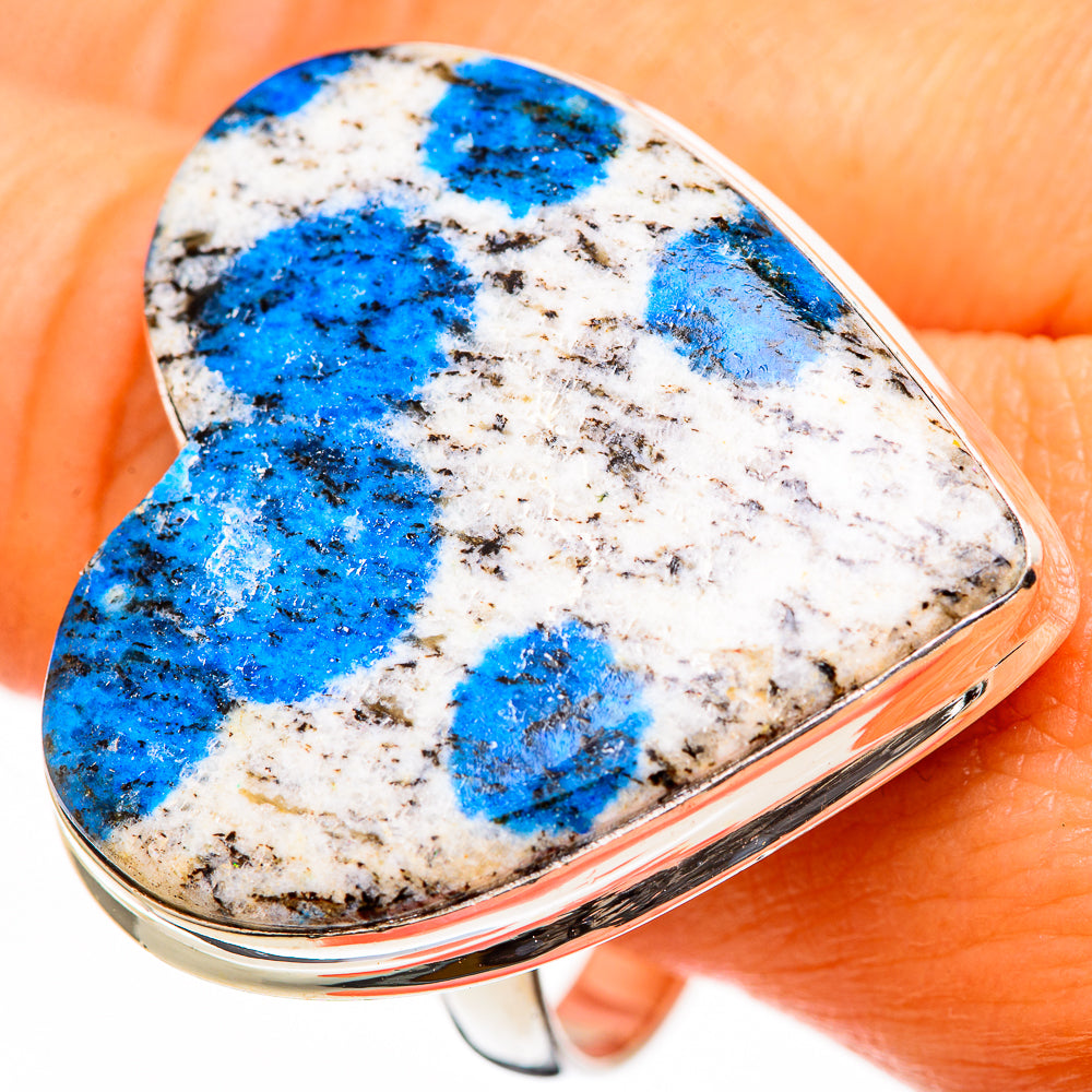Heart-shaped sterling silver ring with blue azurite gemstone, top view