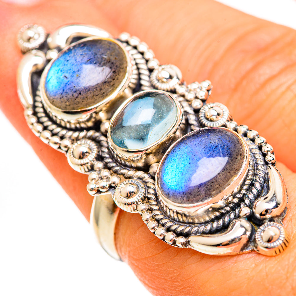 Sterling silver ring with oval labradorite and aquamarine stones in blue and green