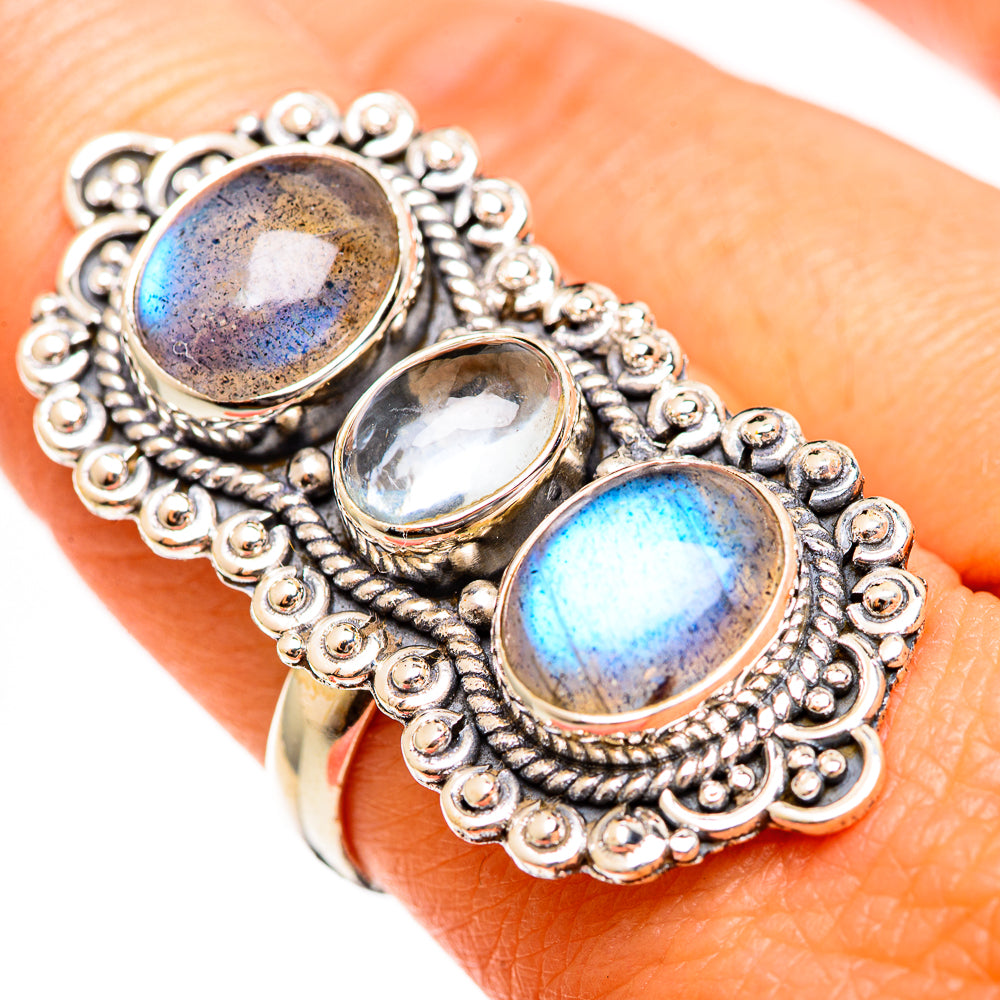 925 sterling silver ring with three oval labradorite and aquamarine stones, ornate bezel