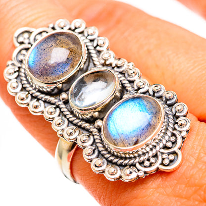 925 sterling silver ring with three oval labradorite and aquamarine stones, ornate bezel