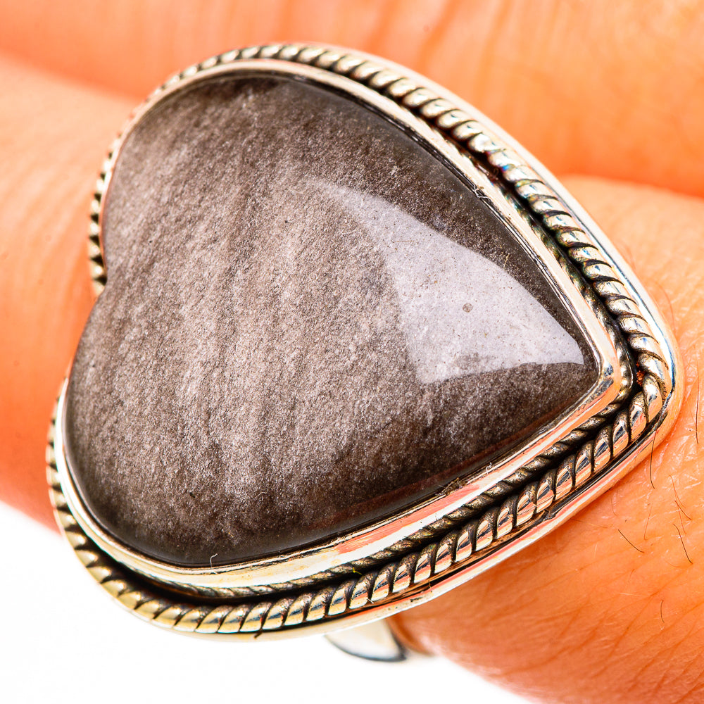 Heart-shaped obsidian ring, size 7.25, rope-edged gold-tone bezel on 925 sterling silver