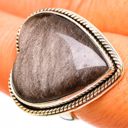 Heart-shaped obsidian ring, size 7.25, rope-edged gold-tone bezel on 925 sterling silver