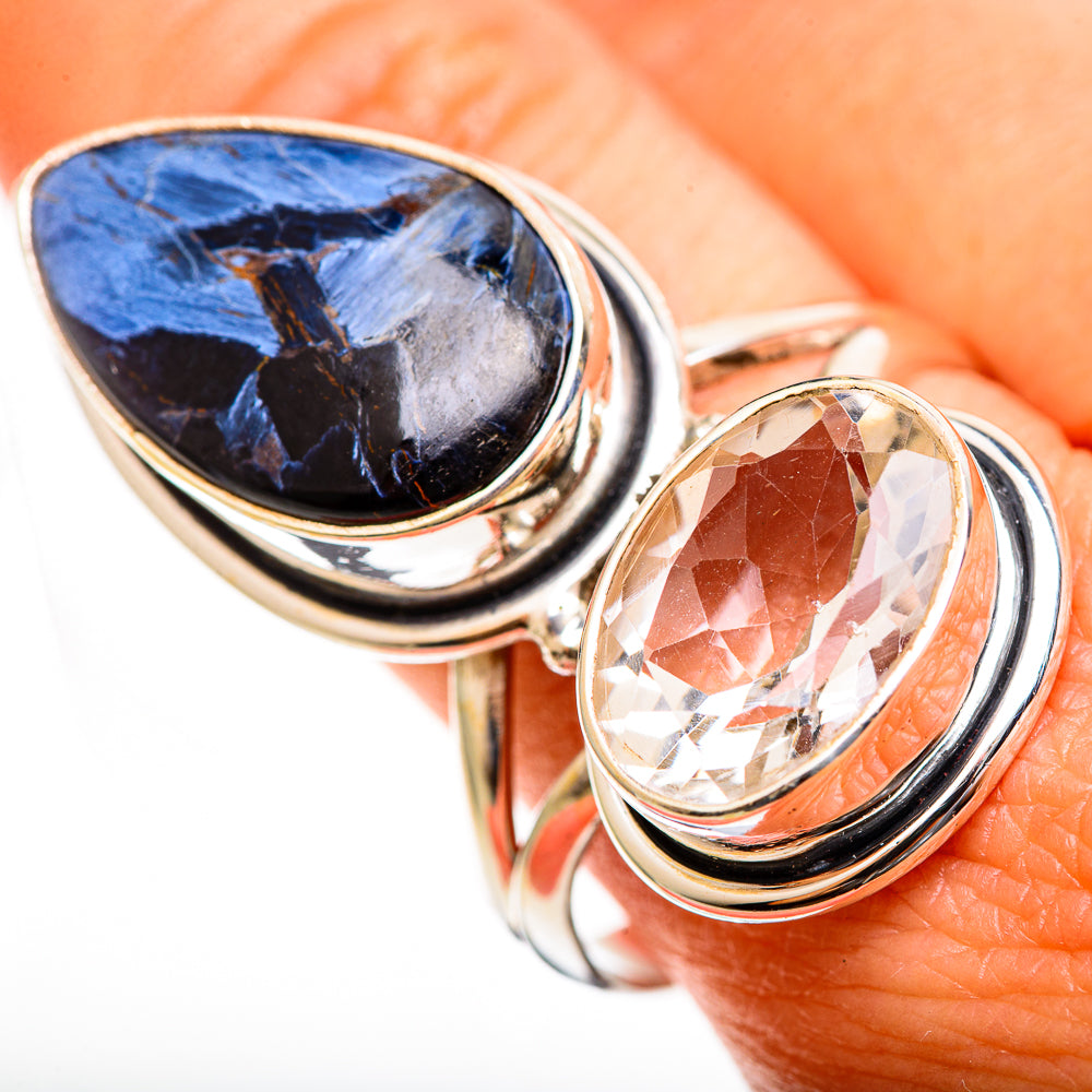 Sterling silver oval pietersite and clear quartz double-stone ring