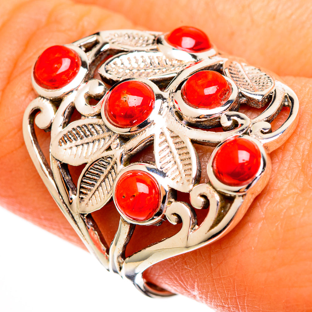 Red coral 925 sterling silver ring, size 10, with red cabochons and leaf filigree