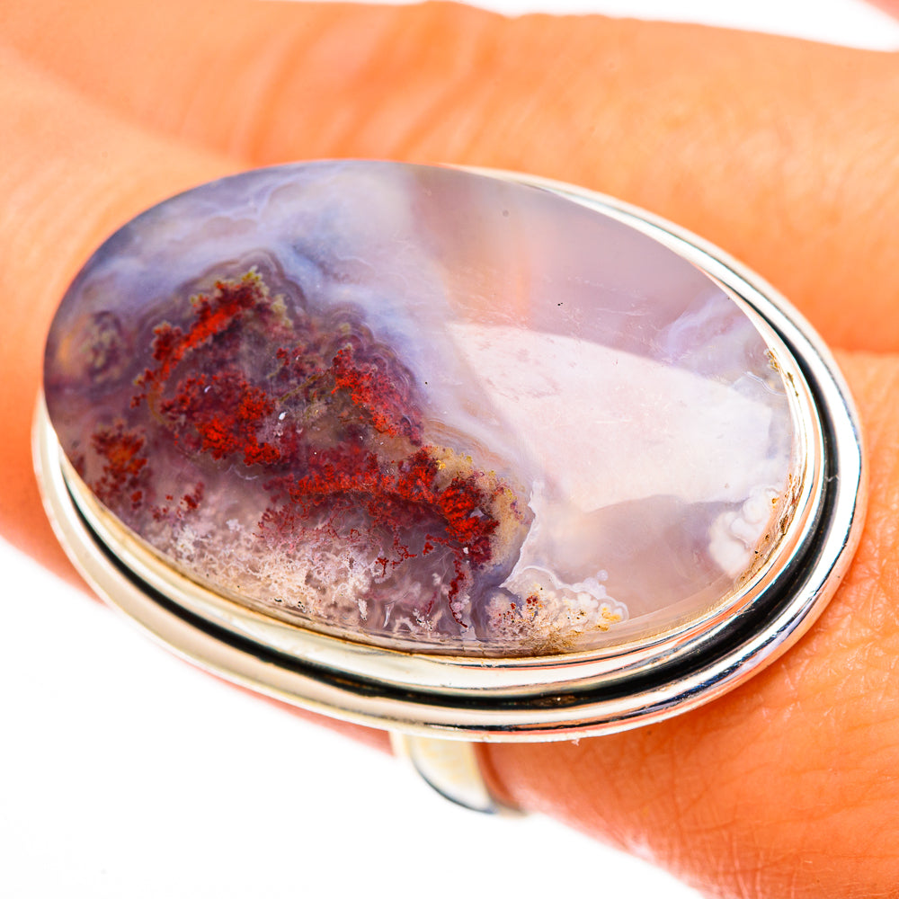 Sterling silver oval plume agate ring with blue-purple and dark red banded pattern