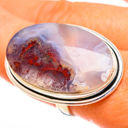Sterling silver oval plume agate ring with blue-purple and dark red banded pattern