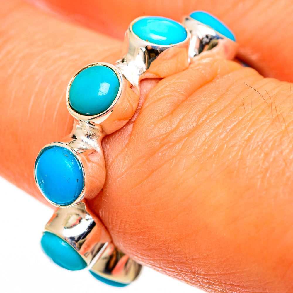 Turquoise gemstone silver ring with five oval stones, open scalloped setting