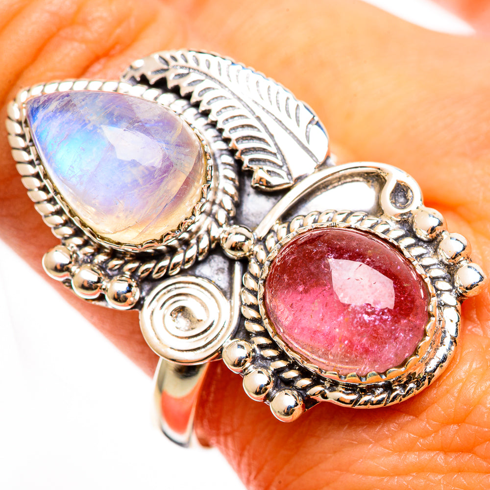 Sterling silver ring with oval rainbow moonstone and pink tourmaline, ornate leaf setting