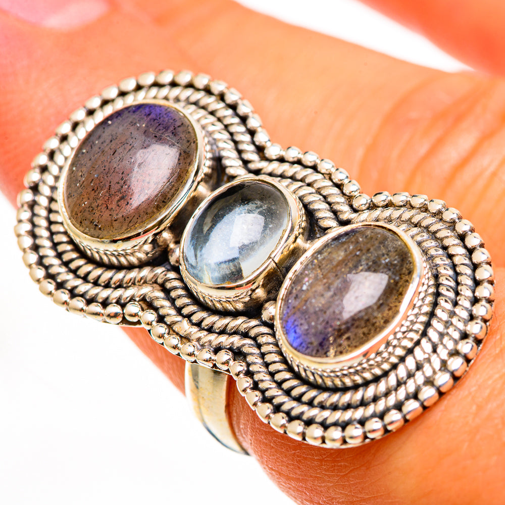 Sterling silver triple-stone ring, oval labradorite outer stones and blue aquamarine center