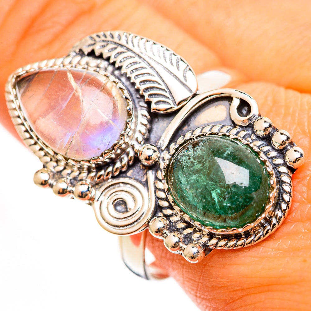 Sterling silver ring with pale pink oval moonstone and green aventurine stone