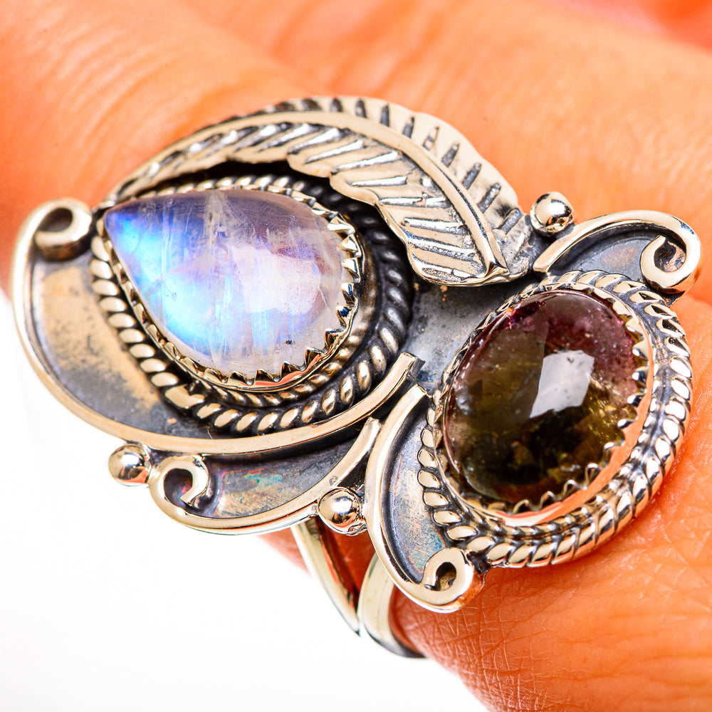 Sterling silver statement ring with teardrop rainbow moonstone and watermelon tourmaline