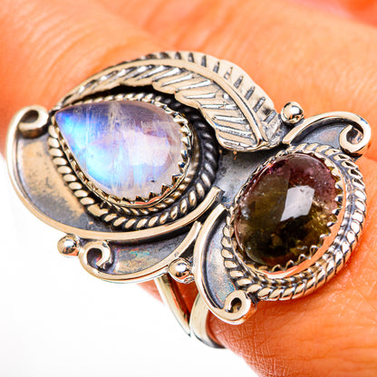 Sterling silver statement ring with teardrop rainbow moonstone and watermelon tourmaline