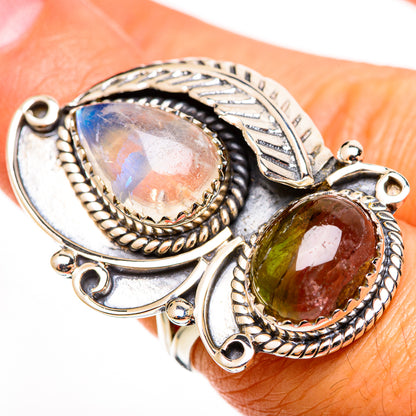 925 sterling silver oval gemstone ring with rainbow moonstone and tourmaline stones