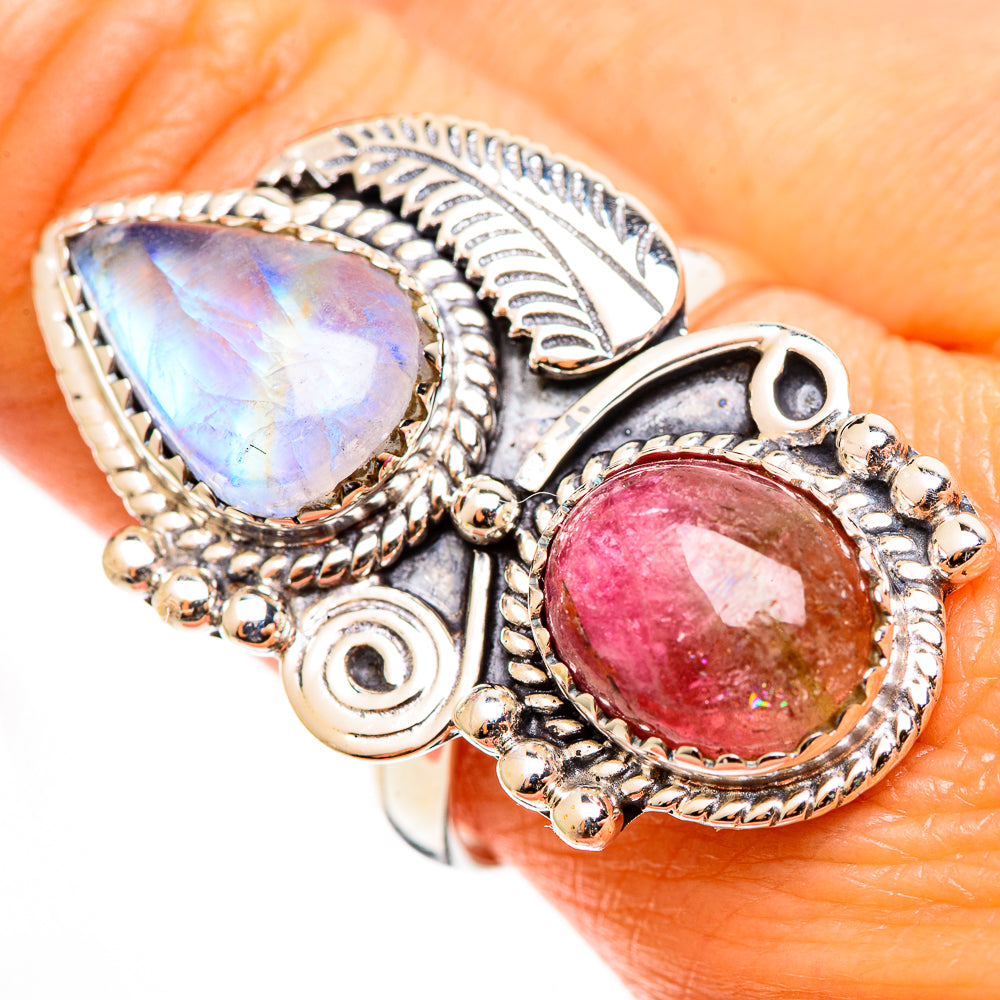 Sterling silver statement ring with oval rainbow moonstone and pink tourmaline cabochon
