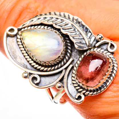 Silver tone ornate oval moonstone and pink tourmaline double-stone ring, bead border